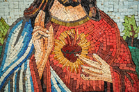 Intricate mosaic art depicting a figure in red robes with a heart symbol — vibrant tiles create a textured, colorful design.