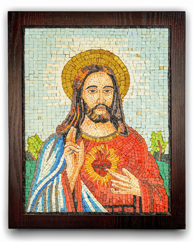 Intricate mosaic artwork depicting Jesus Christ in vibrant colors with a radiant heart, framed in dark wood for a classic finish.