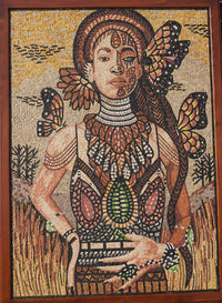 Intricate mosaic art featuring a woman adorned with colorful butterfly motifs and detailed tribal patterns in earthy tones.