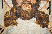 Intricate mosaic artwork depicting a figure's hands and beard in earthy tones, showcasing detailed craftsmanship and texture.