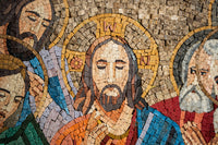 Intricate mosaic artwork featuring a serene depiction of Jesus Christ with vibrant colors and detailed textures.