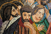 Intricate mosaic artwork featuring stylized figures with vibrant colors and detailed expressions, showcasing artistic craftsmanship.