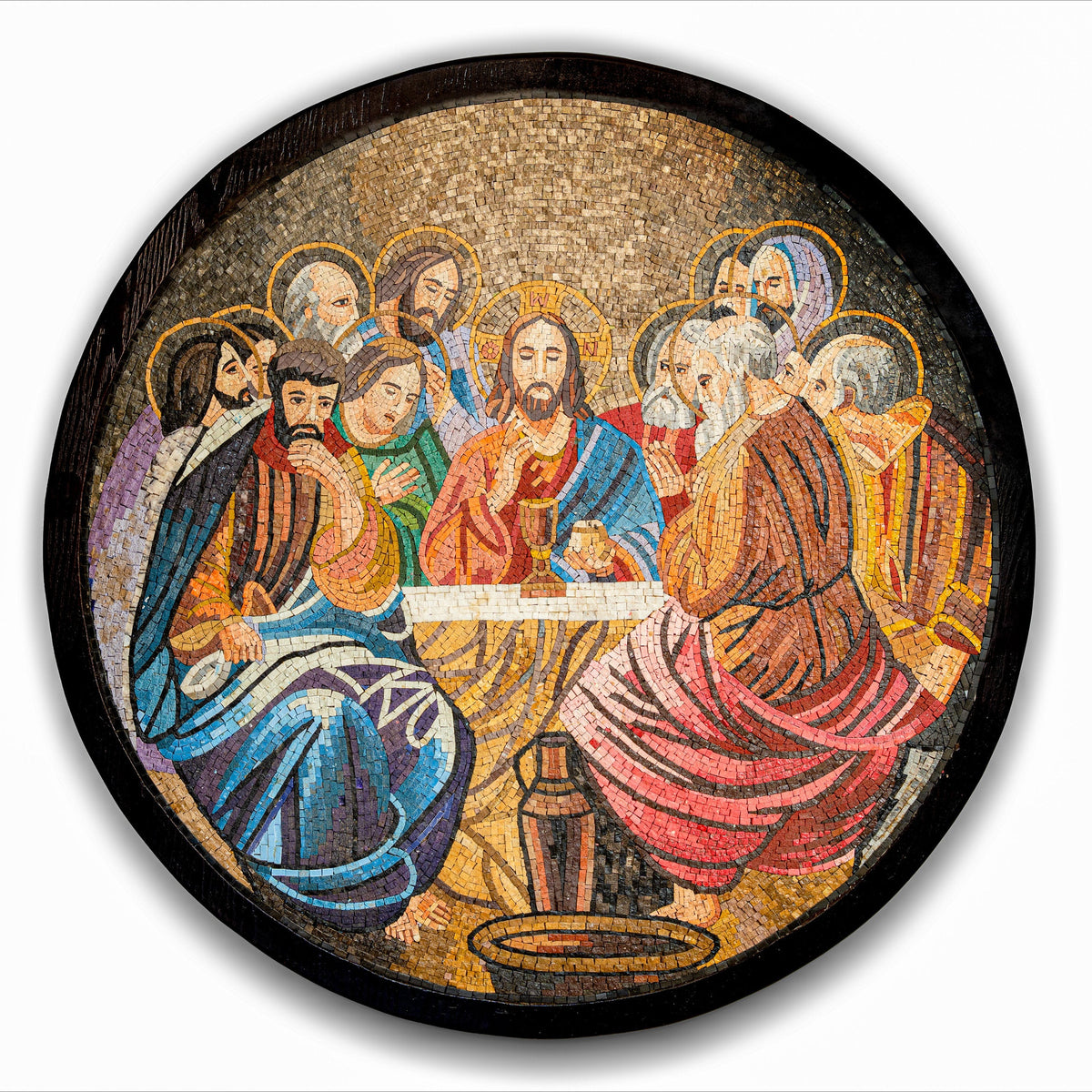 Vibrant mosaic artwork depicting the Last Supper with rich colors and intricate details in a round wooden frame