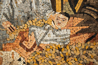 Intricate mosaic art depicting a child nestled among autumn leaves — crafted with natural stone tiles in warm hues.