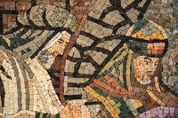 Intricate mosaic artwork depicting two figures with detailed expressions and earthy tones, showcasing skilled craftsmanship.