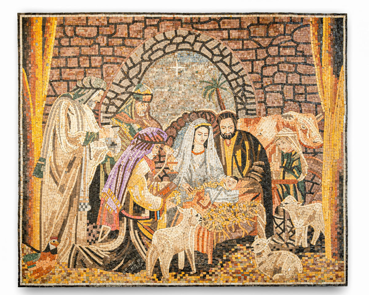 Intricate mosaic artwork depicting the Nativity scene with vibrant colors and detailed textures, showcasing Mary, Joseph, and the infant Jesus.