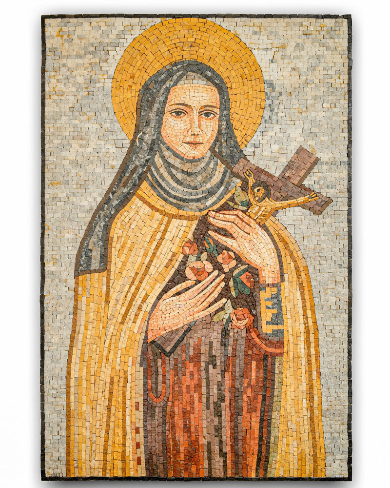 Intricate mosaic artwork depicting a saint holding flowers and a cross, showcasing vibrant colors and detailed craftsmanship.