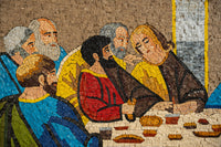 Vibrant mosaic artwork depicting a gathering of figures in rich colors — intricate tile work showcasing detailed expressions.