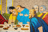 Vibrant mosaic artwork depicting the Last Supper with intricate tile details and a rich color palette showcasing historical figures.