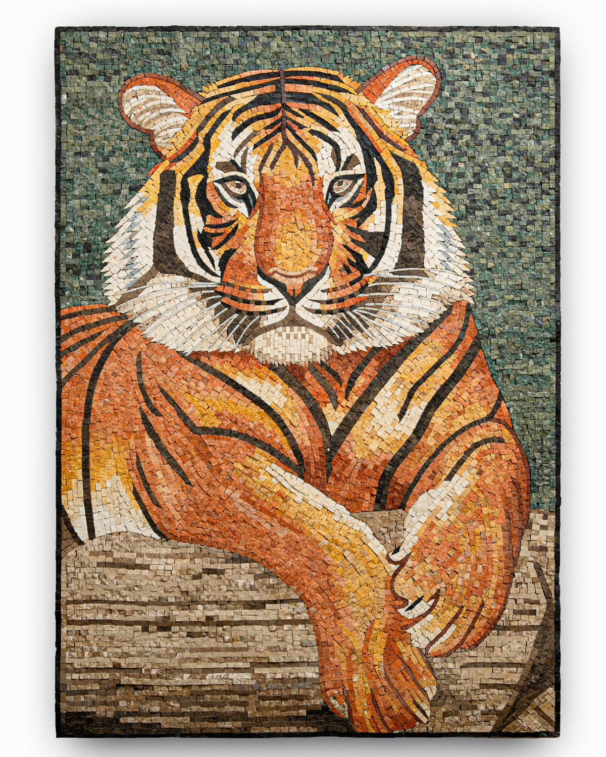 Vibrant mosaic artwork featuring a majestic tiger with intricate orange and black stripes against a textured green background