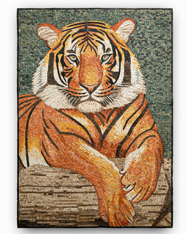 Vibrant mosaic artwork featuring a majestic tiger with intricate orange and black stripes against a textured green background
