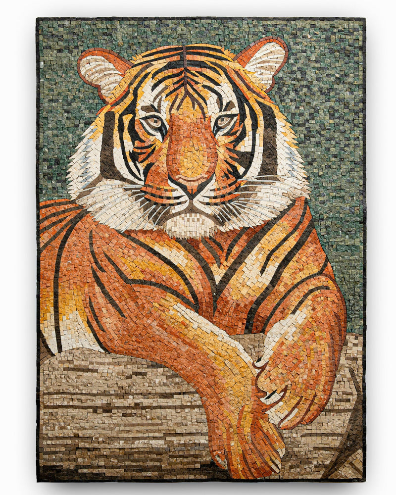 Vibrant mosaic artwork featuring a majestic tiger with intricate orange and black stripes against a textured green background