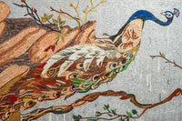 Vibrant mosaic peacock artwork featuring intricate feather details and rich colors against a textured stone background