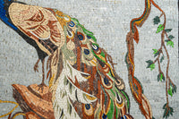 Intricate mosaic artwork featuring vibrant peacock feathers with earthy tones and delicate detailing on a textured background