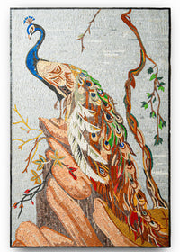 Vibrant mosaic wall art featuring a peacock perched on a textured branch — intricate tile work with colorful feather details.