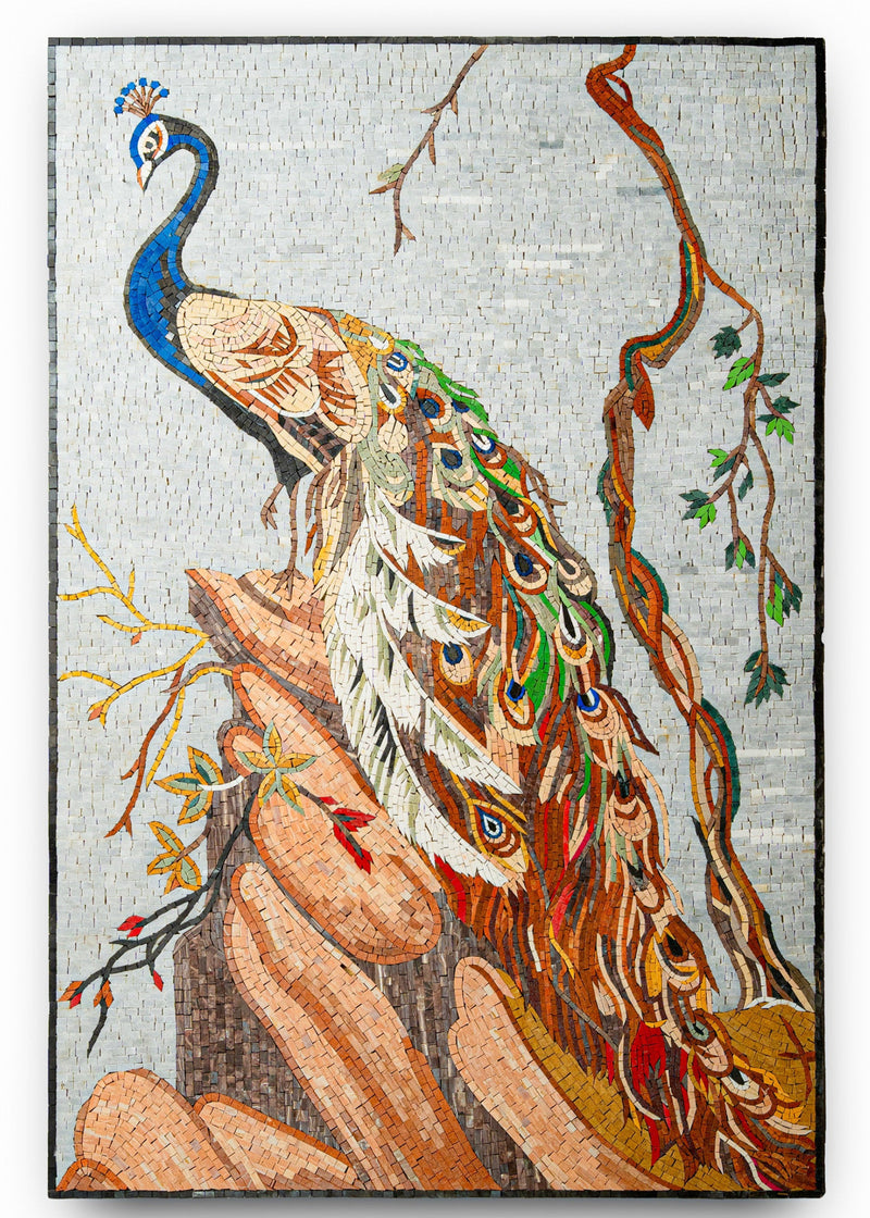 Vibrant mosaic wall art featuring a peacock perched on a textured branch — intricate tile work with colorful feather details.