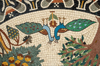 Vibrant mosaic featuring two blue peacocks surrounded by intricate green foliage and colorful floral patterns