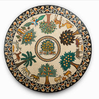 Intricate mosaic wall art featuring vibrant trees and animals in earthy tones—an artistic blend of nature and craftsmanship.