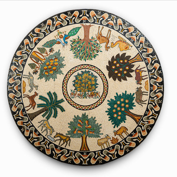 Intricate mosaic wall art featuring vibrant trees and animals in earthy tones—an artistic blend of nature and craftsmanship.