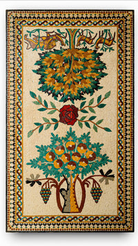 Intricate tapestry featuring vibrant floral motifs and a rich color palette — a stunning piece of textile art.
