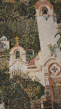Intricate mosaic art depicting a serene village scene with lush greenery and historic architecture in earthy tones