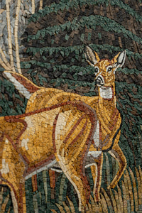 Intricate mosaic art featuring a deer in warm earthy tones — detailed craftsmanship showcasing natural beauty.