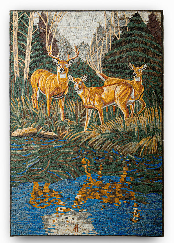 Vibrant mosaic artwork featuring three deer by a tranquil pond — intricate tiles create a detailed forest scene.