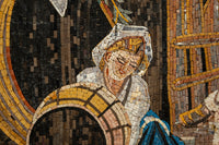 Intricate mosaic artwork featuring a smiling figure with golden hair and blue garments, showcasing detailed craftsmanship.