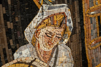 Intricate mosaic art featuring a serene figure with warm tones and textured tiles, showcasing detailed craftsmanship.