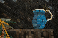 Artistic mosaic featuring a blue pitcher against a textured stone background — showcasing intricate tile craftsmanship.