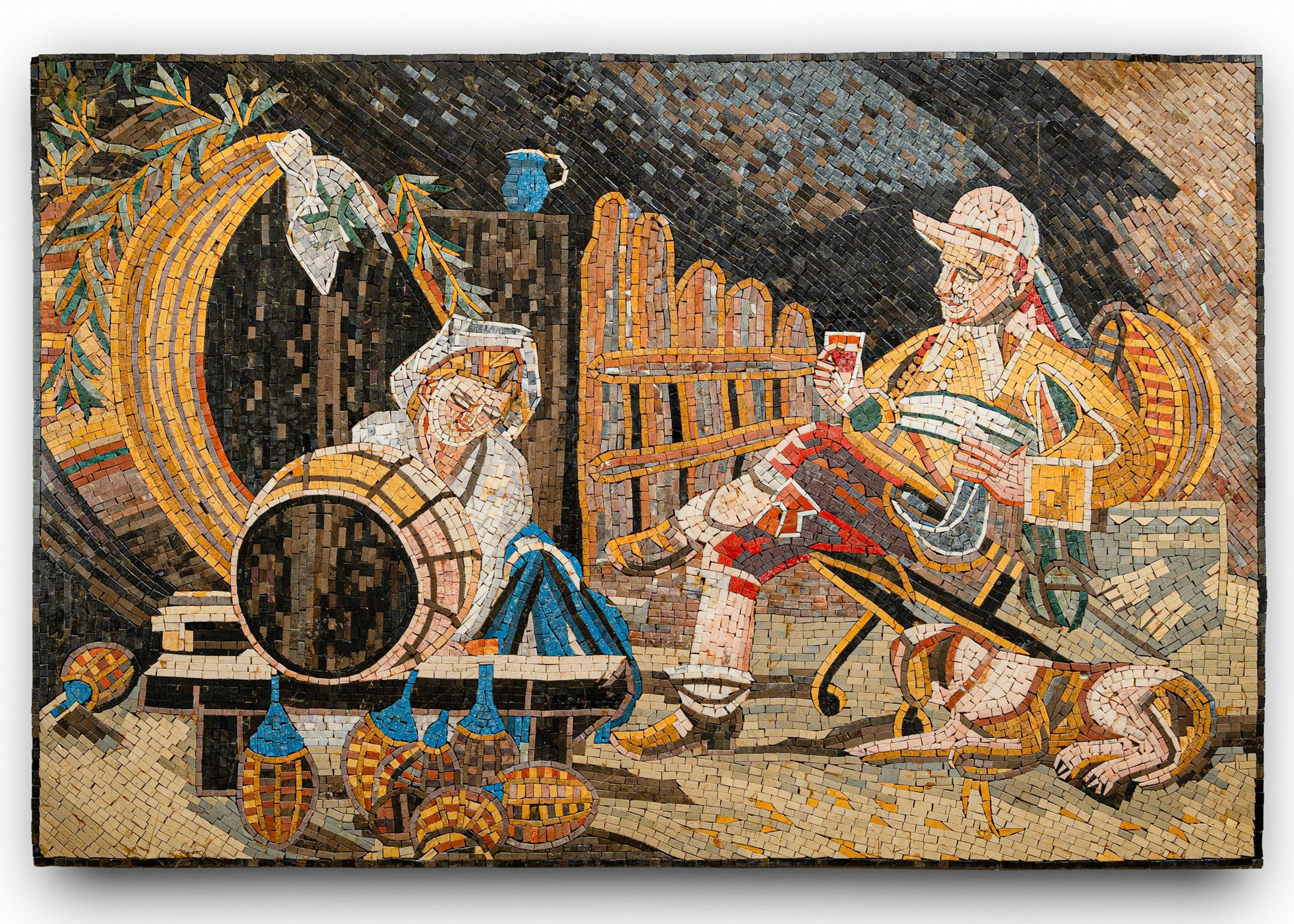 Colorful mosaic depicting a rustic scene with a man and woman working with barrels and tools, showcasing intricate tile craftsmanship.