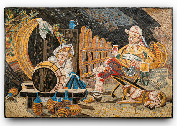 Colorful mosaic depicting a rustic scene with a man and woman working with barrels and tools, showcasing intricate tile craftsmanship.