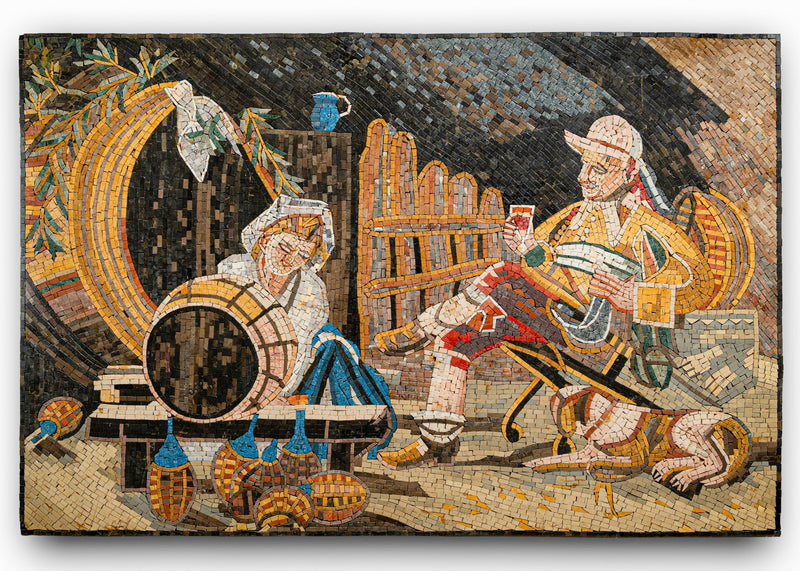 Colorful mosaic depicting a rustic scene with a man and woman working with barrels and tools, showcasing intricate tile craftsmanship.