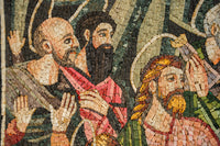 Intricate mosaic artwork depicting figures in vibrant reds and earthy tones — a blend of artistry and historical narrative.
