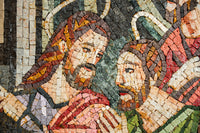 Intricate mosaic artwork depicting two figures with vibrant colors and detailed textures, showcasing artistic craftsmanship.