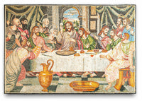 Vivid mosaic artwork depicting the Last Supper — intricate tile details showcasing historical figures in vibrant colors