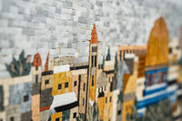 Intricate mosaic artwork depicting a historic cityscape with textured tiles in earthy tones and vibrant accents.