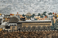 Intricate mosaic artwork depicting a historic cityscape with earthy tones and textured stone pieces creating depth
