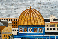 Intricate mosaic artwork featuring a golden dome and blue accents, showcasing detailed craftsmanship and vibrant textures.