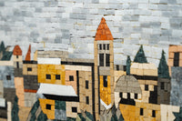 Intricate mosaic artwork featuring a historic cityscape with textured stone pieces in earthy tones and a prominent red-roofed tower
