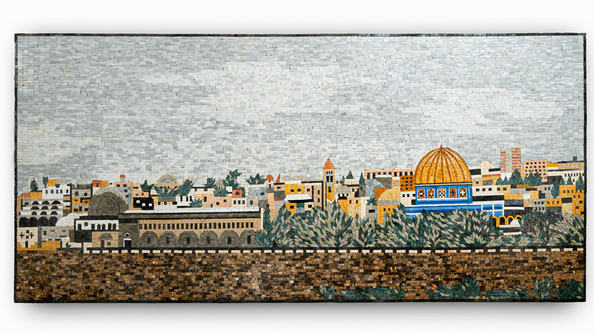 Vibrant mosaic artwork depicting Jerusalem’s skyline with intricate stone details and a prominent golden dome
