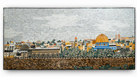 Vibrant mosaic artwork depicting Jerusalem’s skyline with intricate stone details and a prominent golden dome