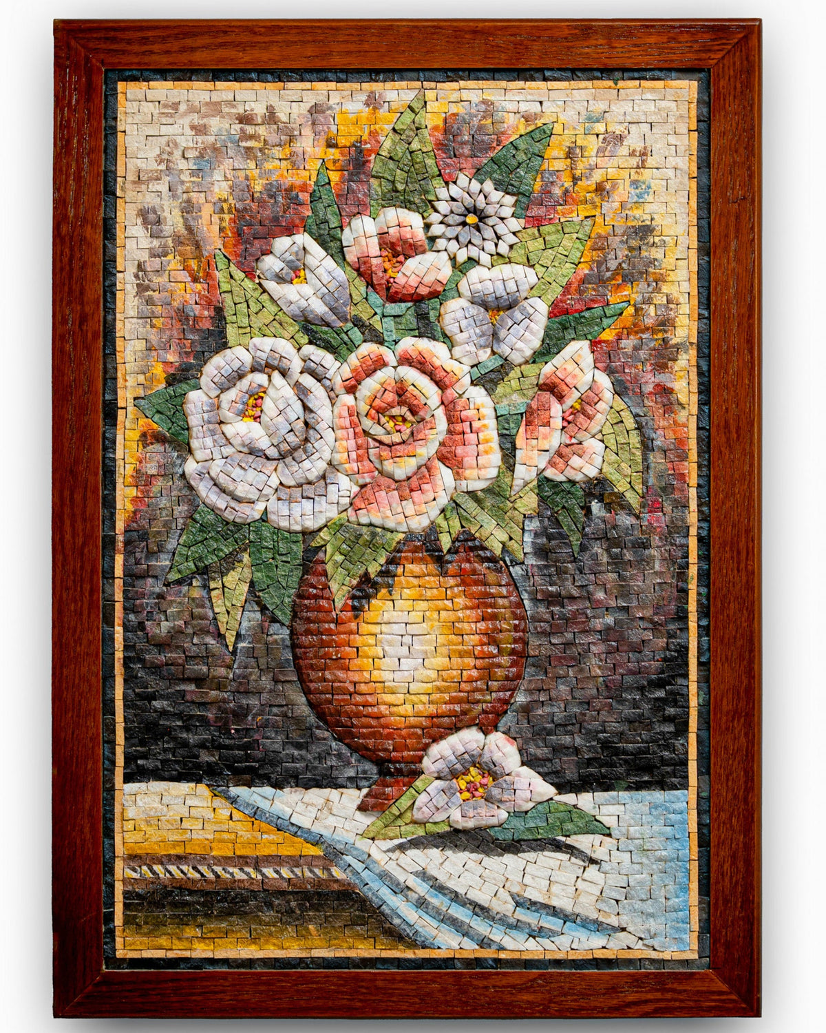 Colorful floral mosaic artwork featuring a vase of roses and lilies against a textured background — intricate tile design with rich details