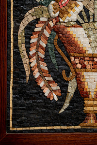 Intricate mosaic art piece featuring a floral vase design with rich earthy tones and detailed textures on a dark background