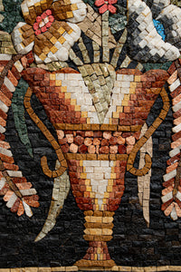 Intricate mosaic vase design featuring floral motifs in earthy tones — crafted from natural stone tiles with a textured finish