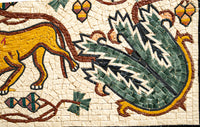 Intricate mosaic artwork featuring a yellow lion and green foliage with detailed textures and vibrant colors
