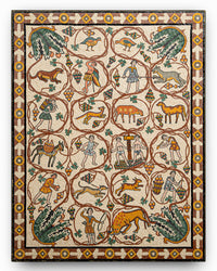 Intricate tapestry featuring detailed scenes of animals and figures in earthy tones — a vibrant display of craftsmanship.