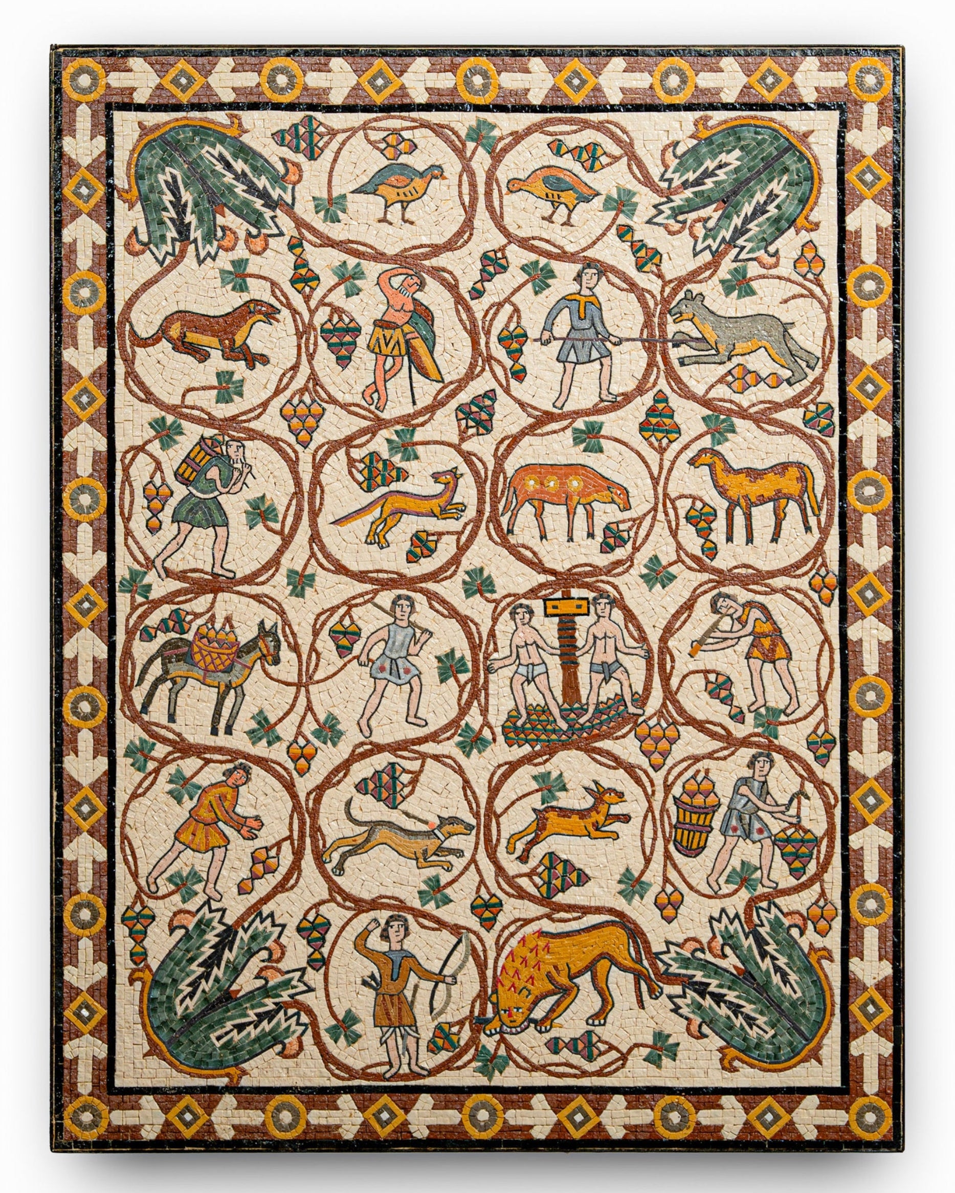 Intricate tapestry featuring detailed scenes of animals and figures in earthy tones — a vibrant display of craftsmanship.