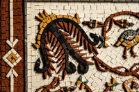 Intricate mosaic tile design featuring earthy tones of brown and black with delicate floral patterns and textured finishes