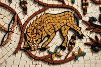 Intricate mosaic art featuring a stylized lion in earthy tones — crafted with small, colorful tiles for a textured finish